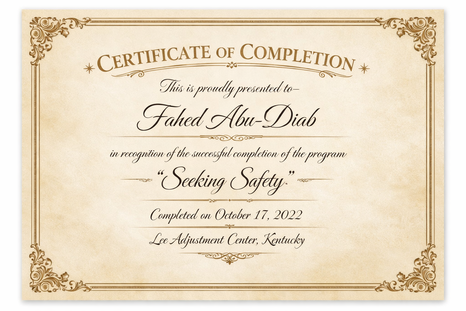 Certificate of Completion – Seeking Safety, October 17, 2022