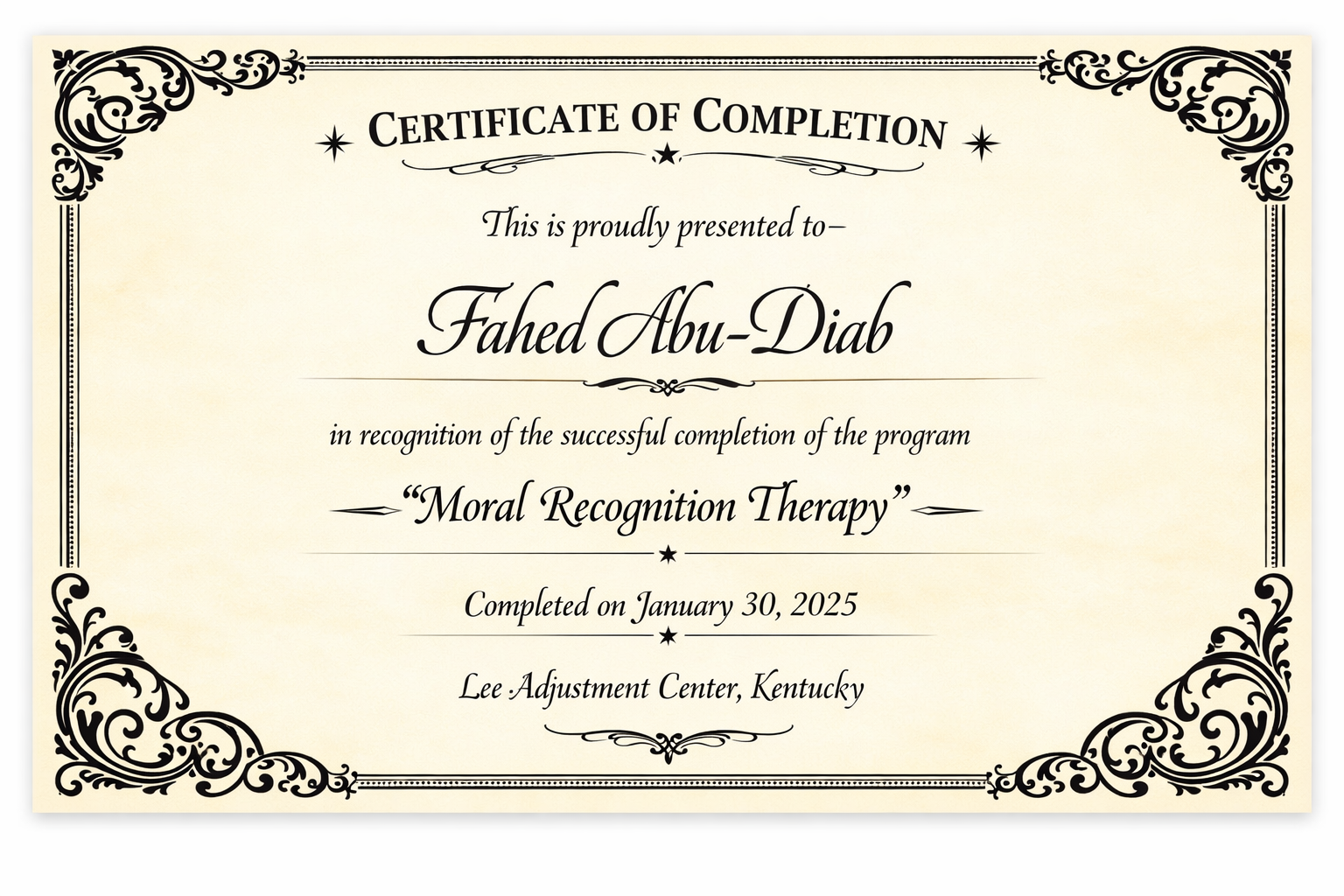 Certificate of Completion – MRT Anger Management, September 10, 2024