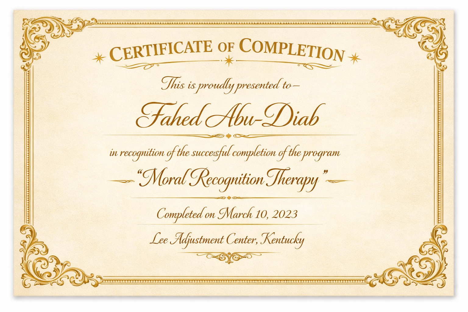 Certificate of Completion – Moral Recognition Therapy, March 10, 2023
