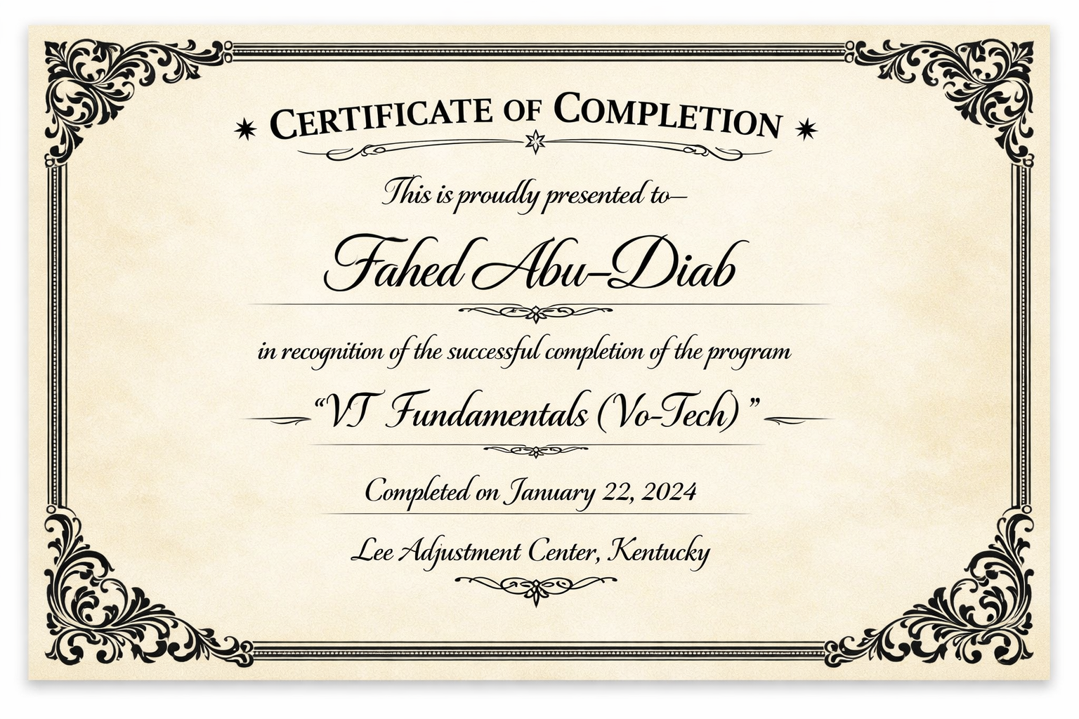 Certificate of Completion – VT Fundamentals (Vo-Tech), January 22, 2024