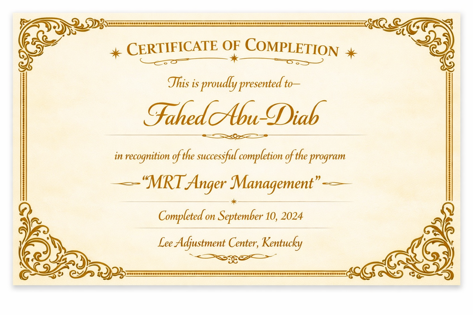 Certificate of Completion – Carpentry (Vo-Tech), April 8, 2024